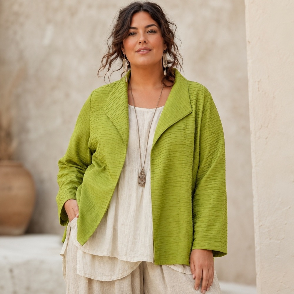 Vtg Silk Land Lime Green Textured 100% Silk Open Blazer Jacket Boho Lagenlook 2X